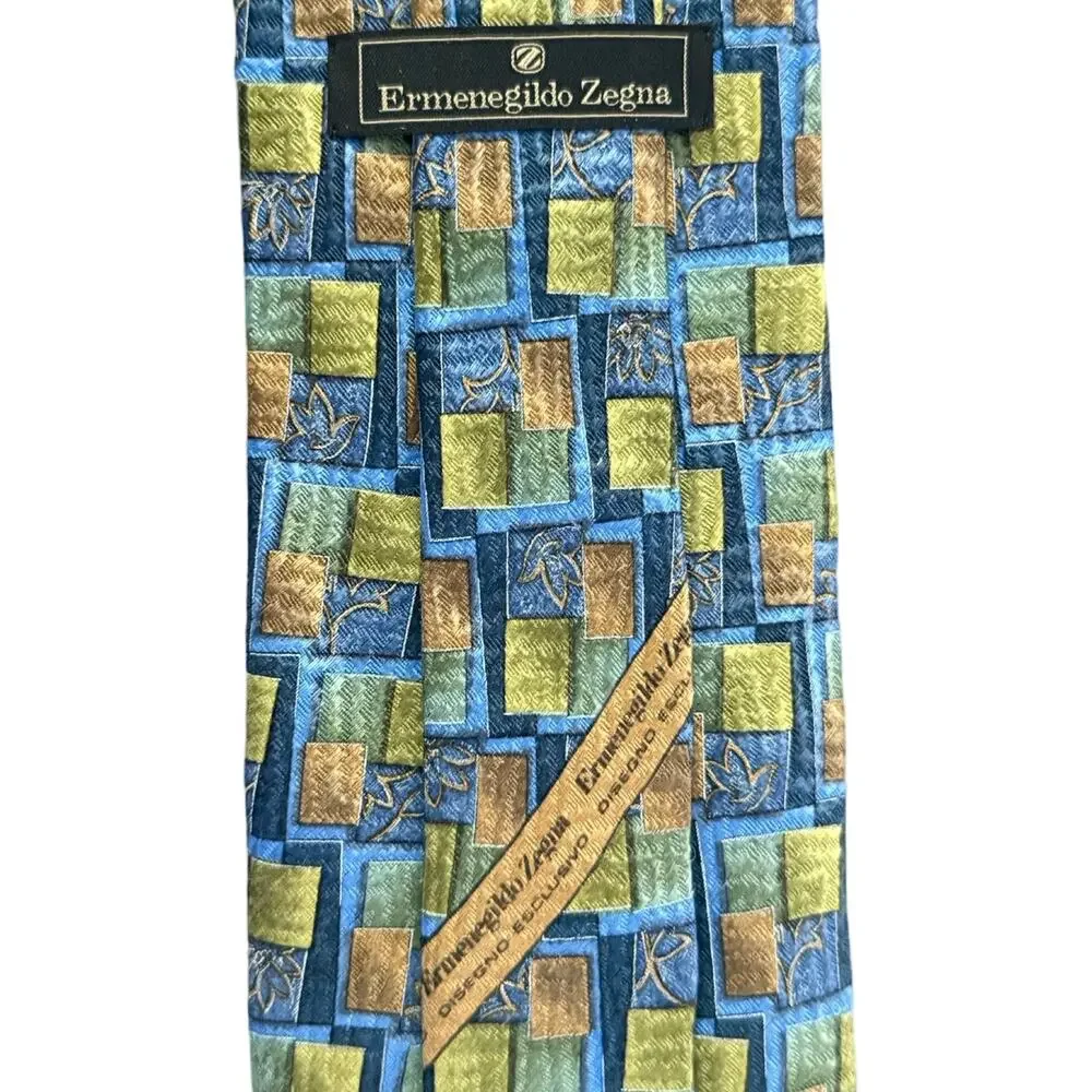 Vintage 90s Ermenegildo Zegna Blue Green Tan Squares 100% Silk Necktie Tie